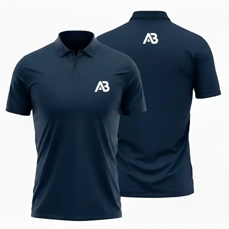 Front and back view of a navy blue polo shirt with a white AB logo on the chest and upper back. Best T-shirt Design Ideas.
