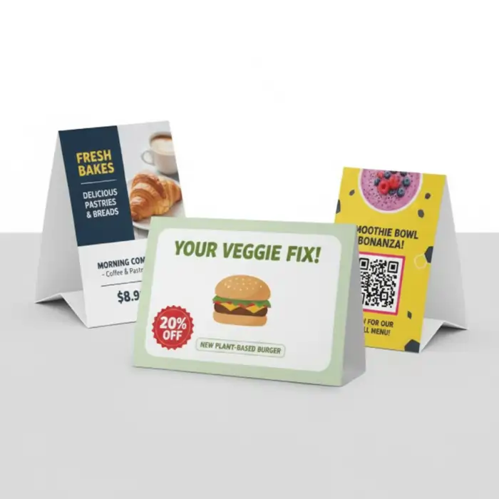 Tent Cards Printing: Three A-frame table tent cards: one for Fresh Bakes, one for a "Your Veggie Fix!" burger, and a yellow one for a Smoothie Bowl Bonanza with a QR code.
