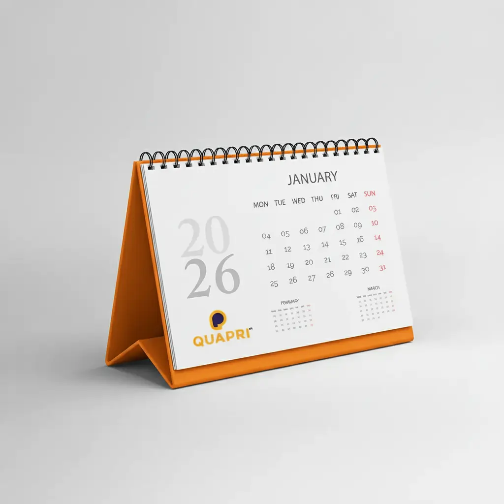 Desk calendar for 2026 with an orange base. A Top Calendar Printing Tips is to choose vibrant colors and update the year.