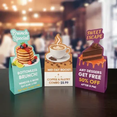 Tent Cards Printing: Three colorful table tent cards on a blurred counter, advertising "Brunch Special," "Mid-Day Boost! Coffee," and a "Sweet Escape" dessert offer.