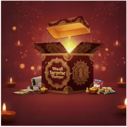 Elegant Diwali Mystery Box with festive golden design, glowing light inside, surrounded by traditional sweets and diyas for celebration
