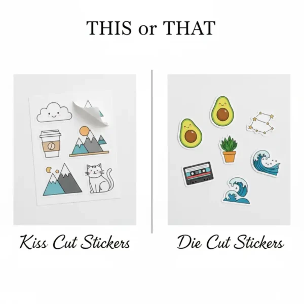 A 'This or That' image comparing Kiss Cut Stickers (left: multiple stickers on one backing sheet) and Die Cut Stickers (right: individually cut stickers). Kiss Cut vs Die Cut Stickers