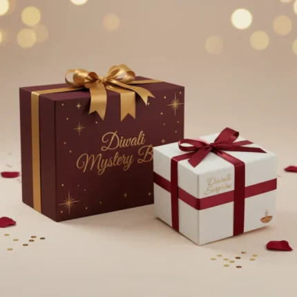 Diwali Mystery Box set with one large maroon box and one small white box, decorated with golden and red ribbons, perfect for festive gifting
