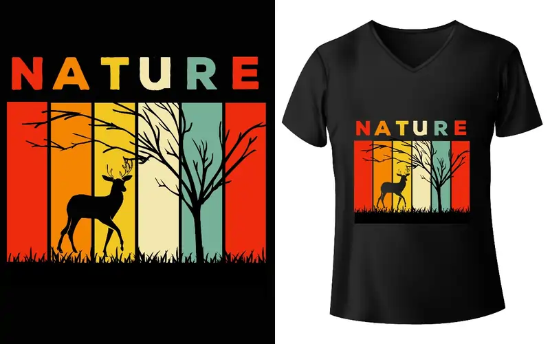 A design and mock-up of a black T-shirt featuring a retro-style sunset graphic with a deer silhouette and the text "NATURE." Best T-shirt Design Ideas.