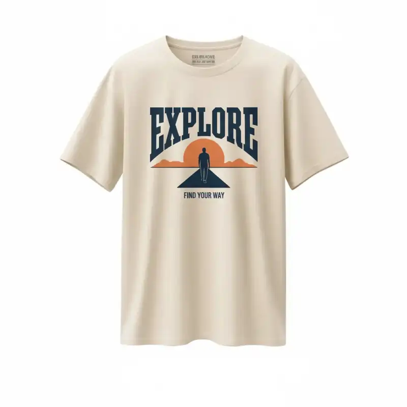A cream T-shirt with a blue and orange graphic of a person walking toward a sunset and the text "EXPLORE FIND YOUR WAY." Best T-shirt Design Ideas.