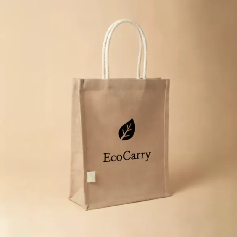 A simple, light-brown jute bag with white rope handles, featuring a black printed leaf logo and the text "EcoCarry." Perfect for printing jute bag designs and Jute bags printing in Bangalore.