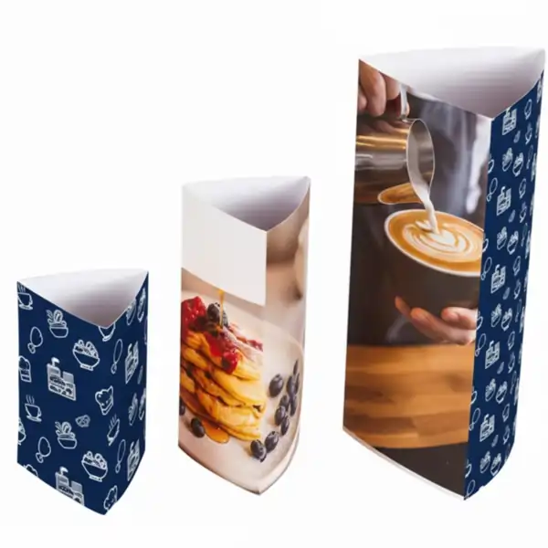 Tent Cards Printing: Three triangular tent cards of varying sizes, featuring designs of food icons, pancakes, and latte art.