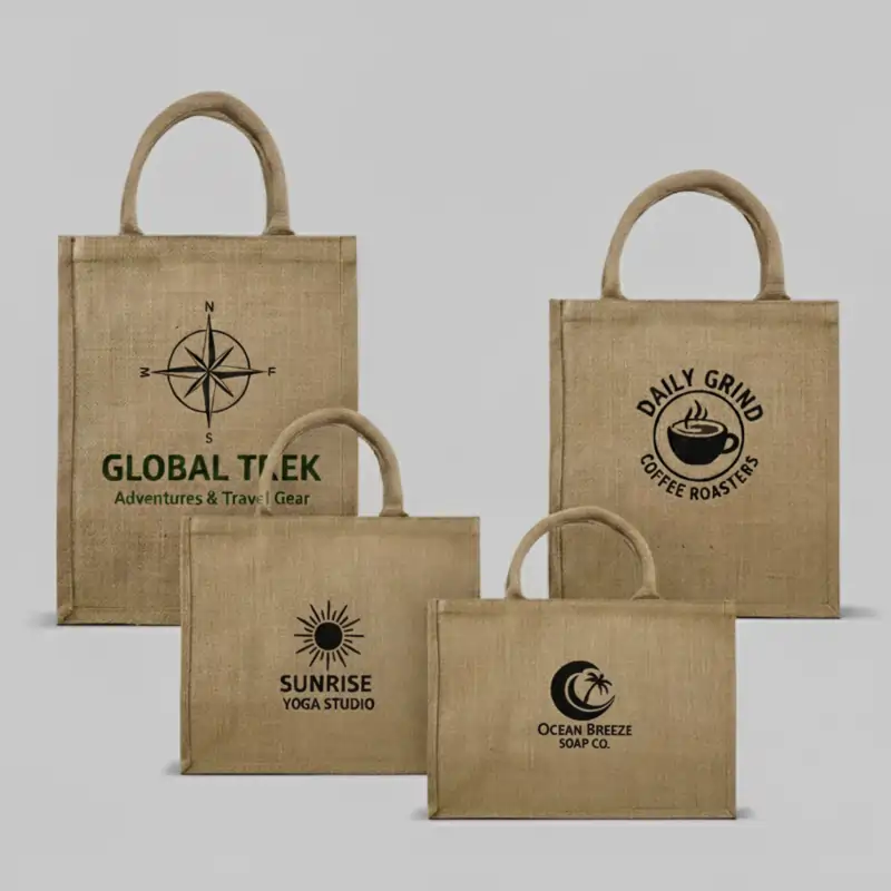 Four natural printed jute bags with handles, featuring logos for "Global Trek," "Daily Grind," "Sunrise Yoga," & "Ocean Breeze." Great for Jute bags printing in Bangalore.