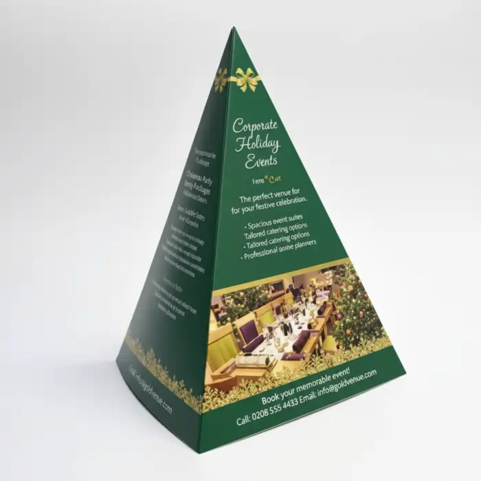 Tent Cards Printing: Green pyramid-shaped tent card for Corporate Holiday Events, featuring text and a festive image of a decorated venue.