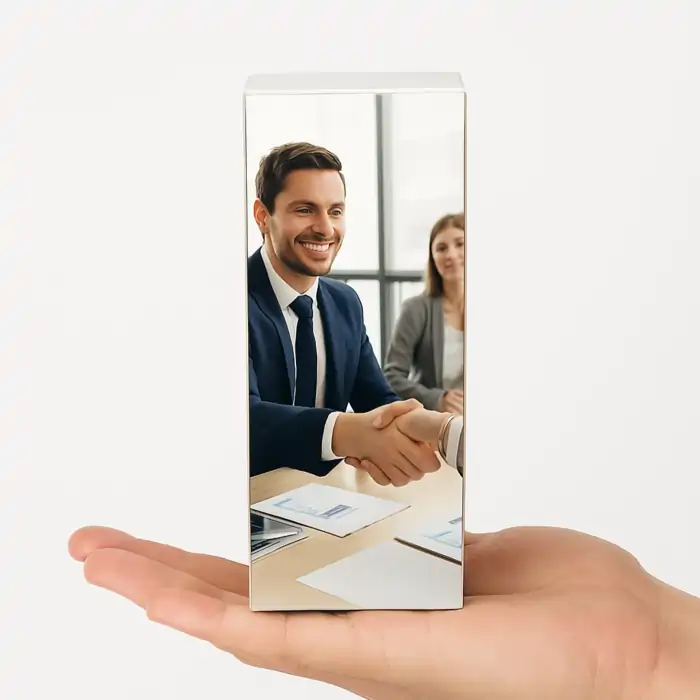 Tent Cards Printing: A hand holds a rectangular tent card displaying an image of two business people shaking hands.