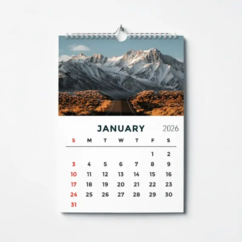 A spiral bound wall calendar for January 2026, featuring a scenic photo of snow capped mountains and a winding road