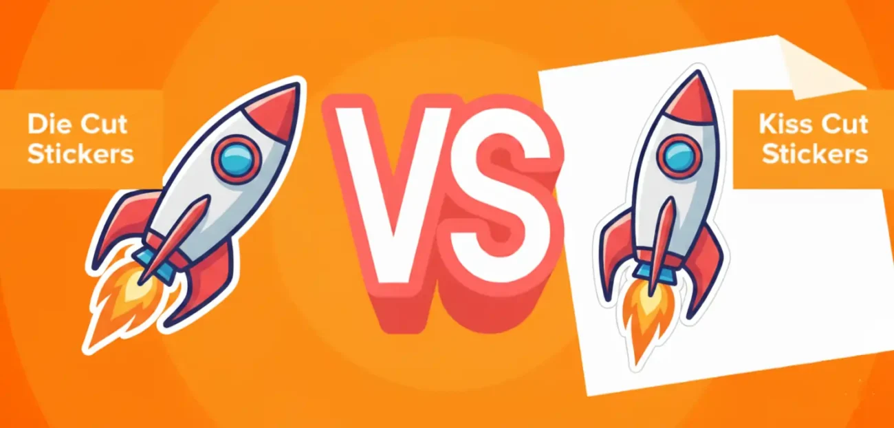 An orange graphic contrasting Die Cut Stickers (individual rocket) and Kiss Cut Stickers (rocket on white backing sheet). Kiss Cut vs Die Cut Stickers
