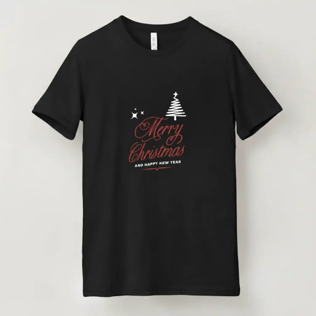A black T-shirt with a minimalist holiday design featuring "Merry Christmas AND HAPPY NEW YEAR" typography and a small white Christmas tree.