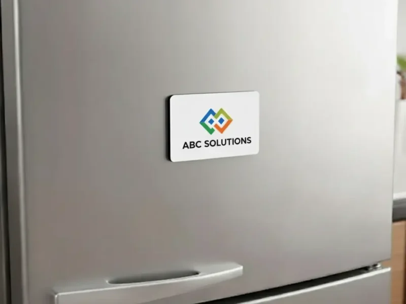 Rectangular ABC SOLUTIONS logo magnet on a silver fridge door.