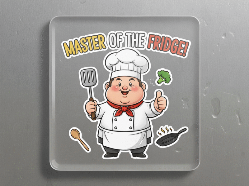 Square magnet with a cartoon chef giving a thumbs up and the text "MASTER OF THE FRIDGE!"