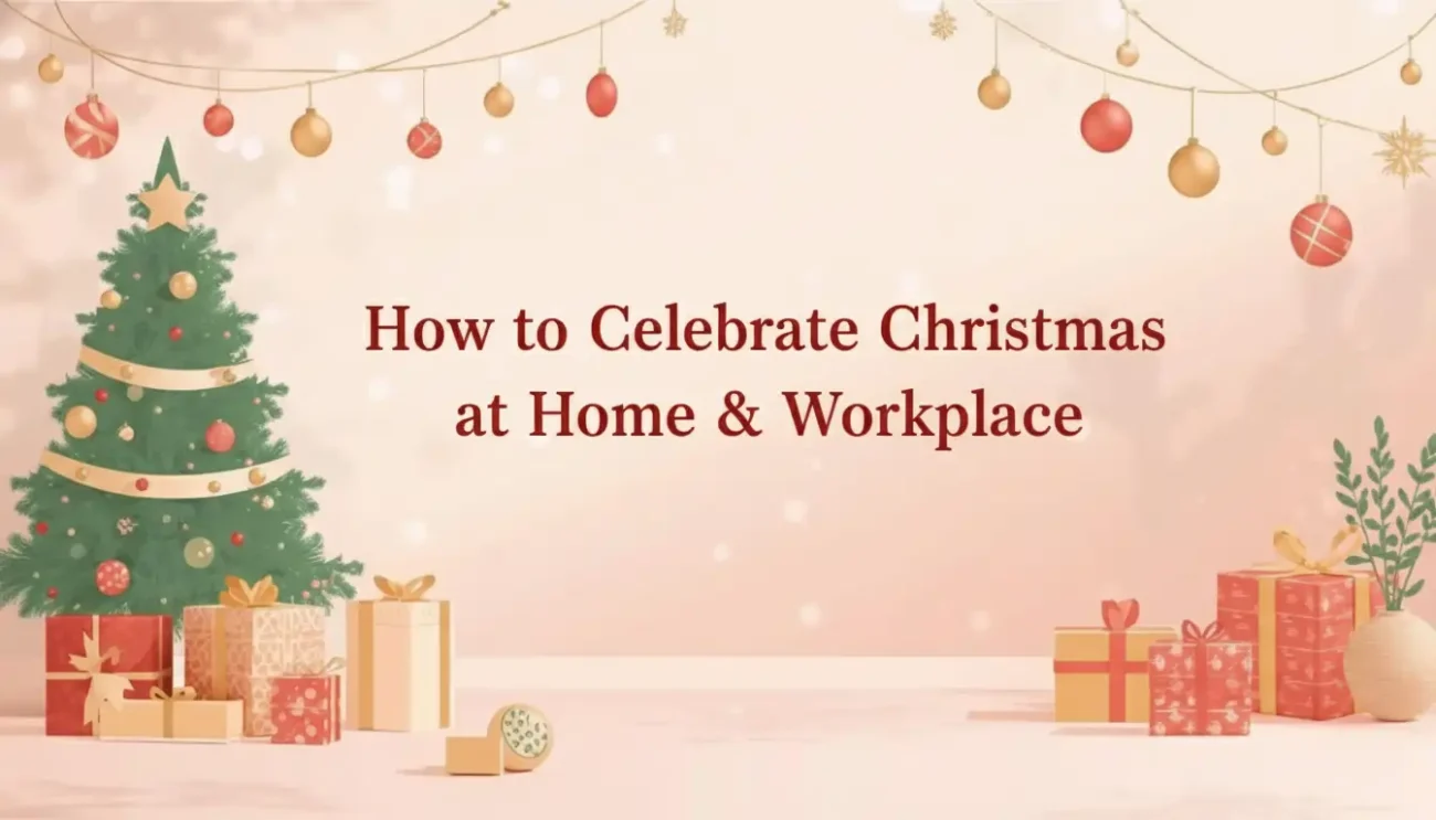 Holiday background with a decorated Christmas tree, string lights, and gifts. Text reads: "How to Celebrate Christmas at Home & Workplace.