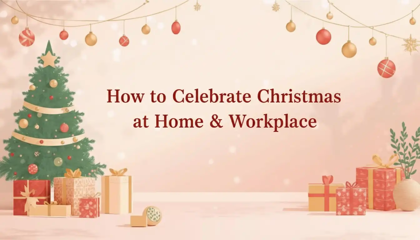 Holiday background with a decorated Christmas tree, string lights, and gifts. Text reads: "How to Celebrate Christmas at Home & Workplace.