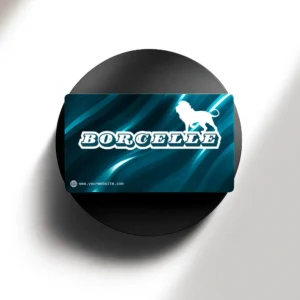 Teal Glossy laminated visiting cards with a wavy pattern, a white lion silhouette, and "BORCELLE" text, displayed on a black circular pedestal