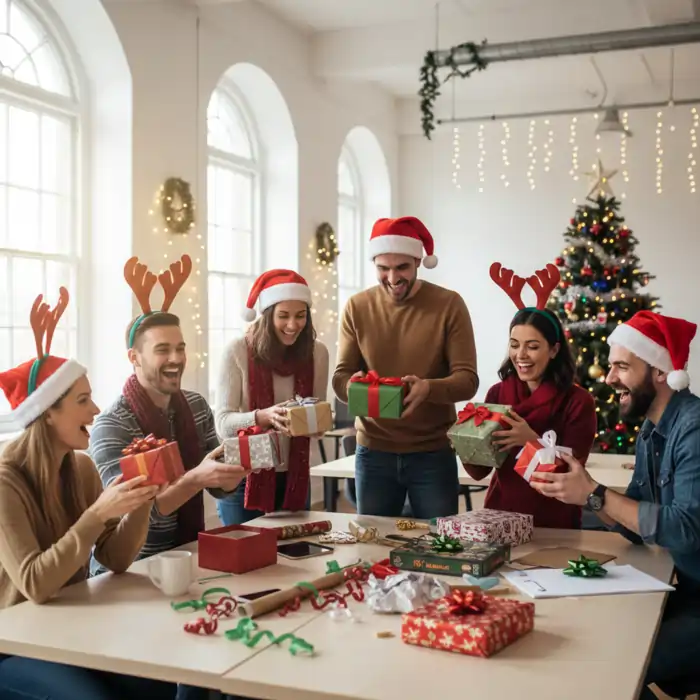 Six smiling coworkers in Santa hats and reindeer antlers exchanging wrapped Christmas gifts around a table in a decorated office. How to Celebrate Christmas.