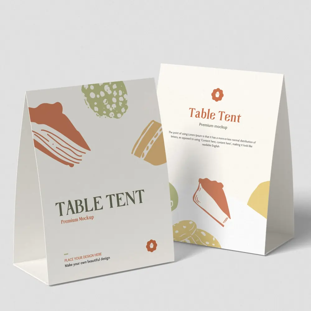 Custom Table Top Tent Cards with cake design, perfect for restaurants, events, and promotions by Quapri.