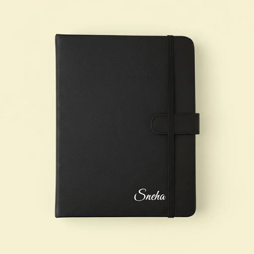Personalized black leatherette notebook with a name embossed in silver or gold, an ideal stationery item among the best new year gifts for professionals or students.