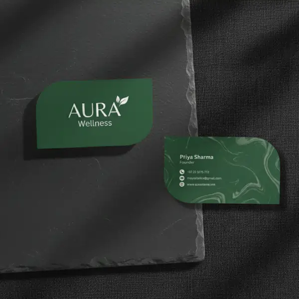 Green organic types of business cards for AURA Wellness on textured slate background with a minimalist white leaf logo.