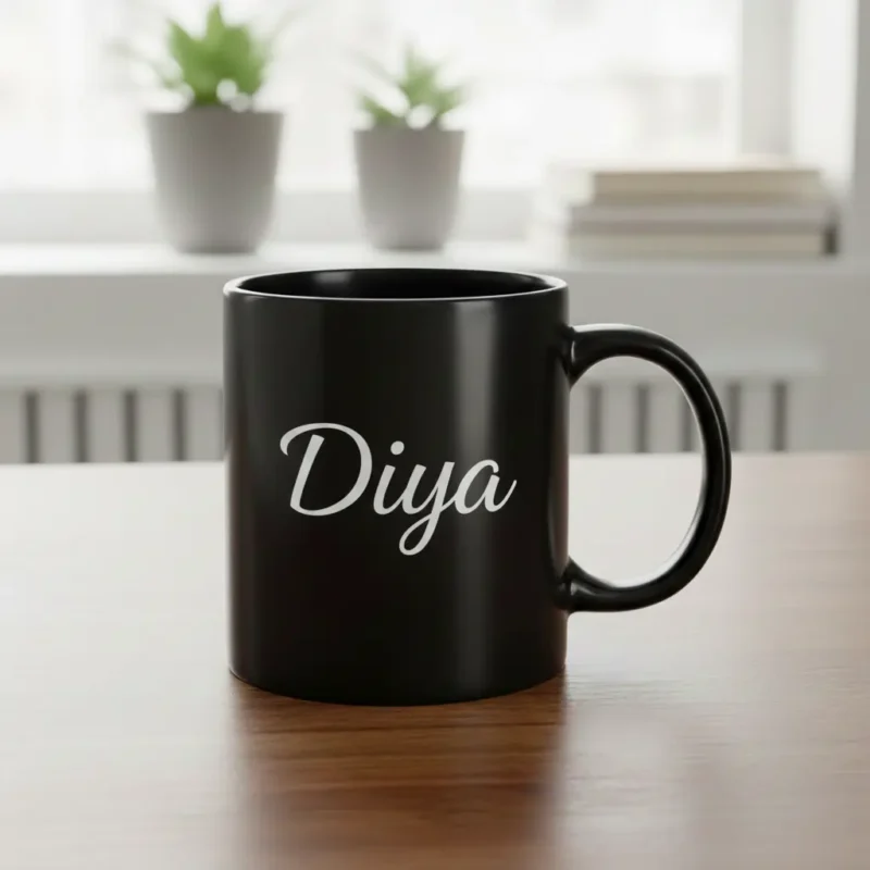 Close-up of a glossy black ceramic coffee mug customized with a name in white text, perfect as one of the best new year gifts for him or her.