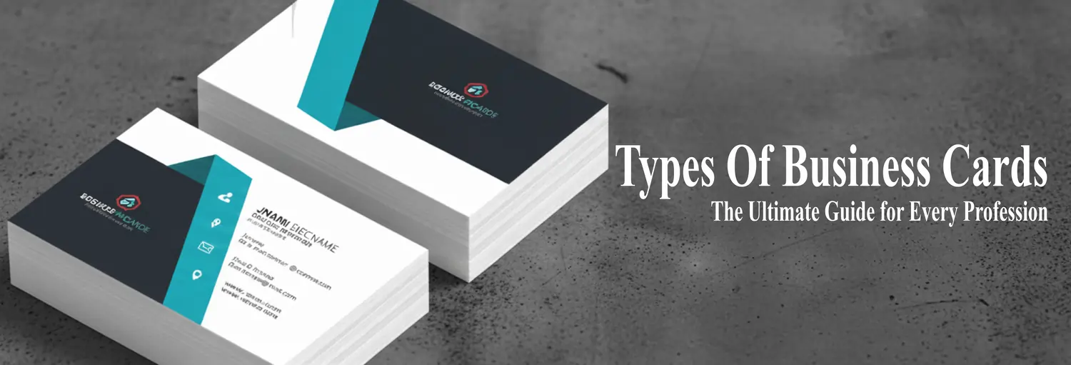 Stacks of professional types of business cards banner: The Ultimate Guide for Every Profession on a grey background.