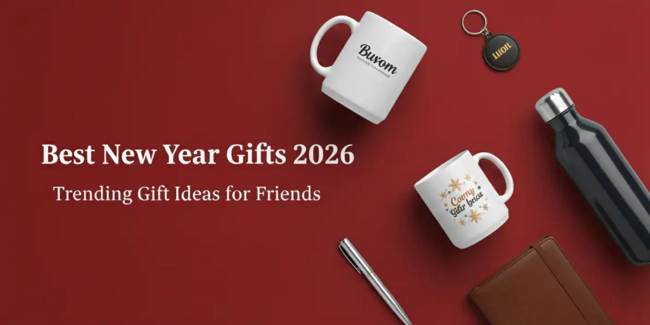 A flat lay on red shows New Year gifts: custom mugs, water bottle, keychain, pen, and wallet. Text: "Best New Year Gifts 2026 Trending Gift Ideas for Friends.