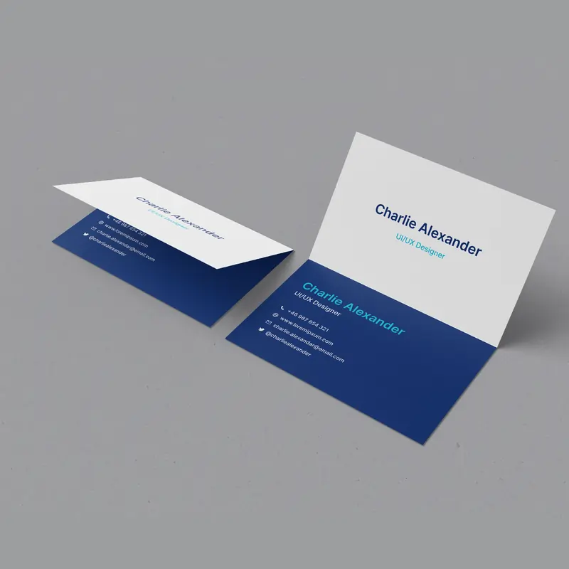 Professional navy and white folded types of business cards for a UI/UX Designer with minimalist layout and typography.
