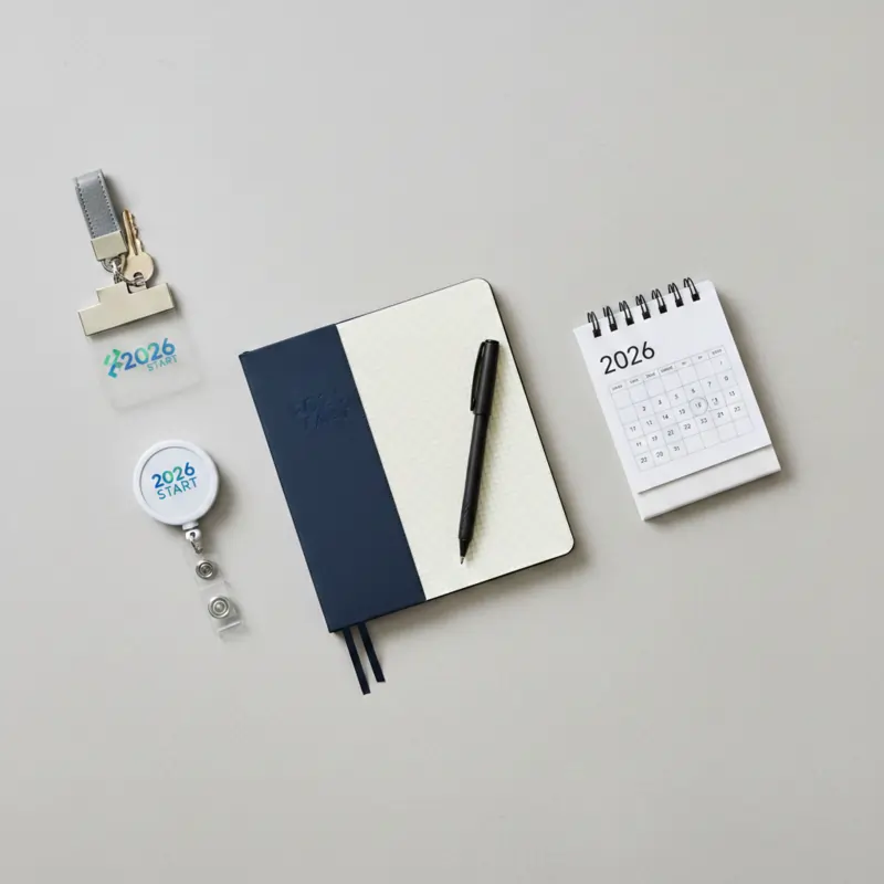 Flat lay of personalized new year gifts 2026 branded navy/cream notebook, pen, desk calendar, keychain, and retractable badge.