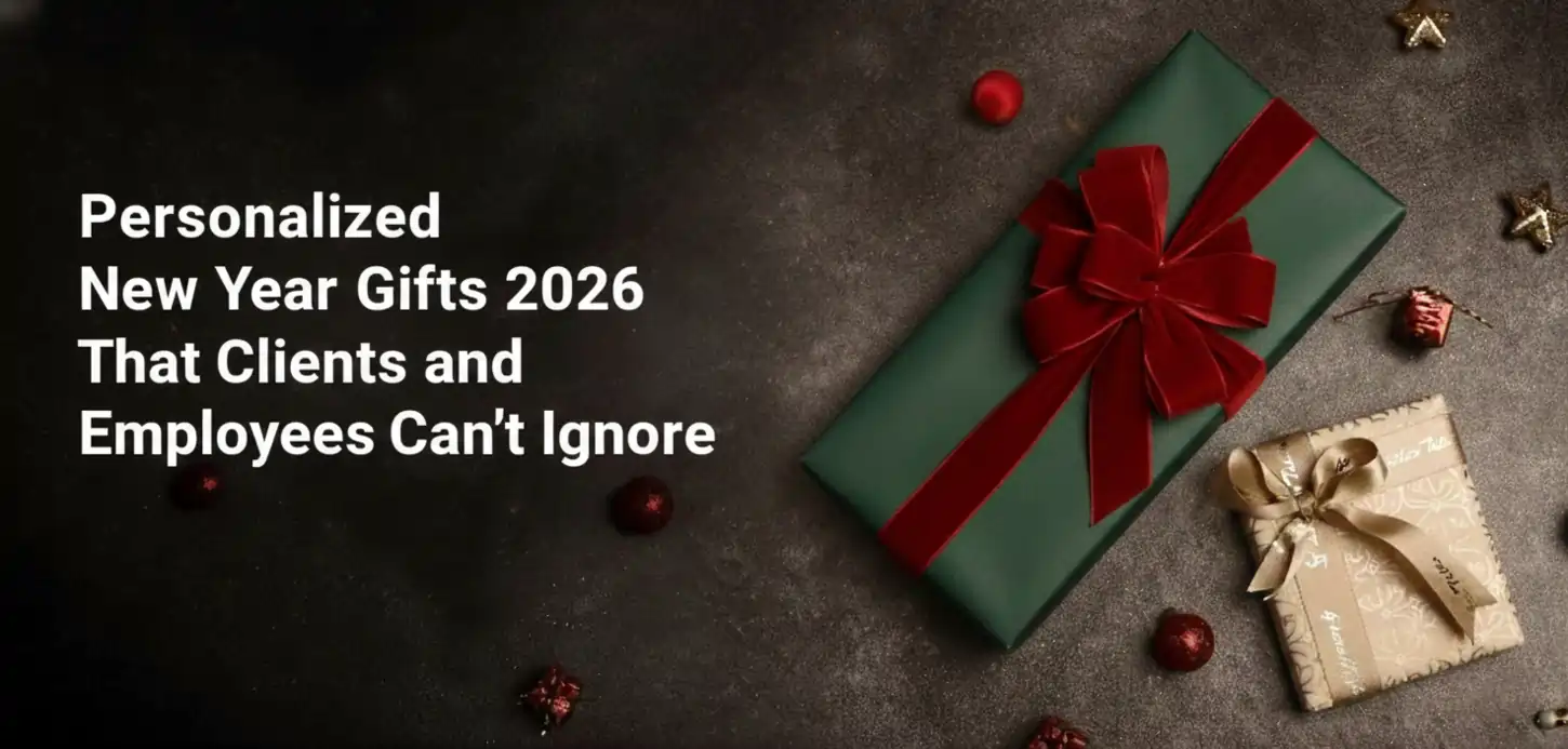 Wrapped gifts (green/red, beige/gold) on a dark holiday background. Text: Personalized New Year Gifts 2026 for clients and employees.
