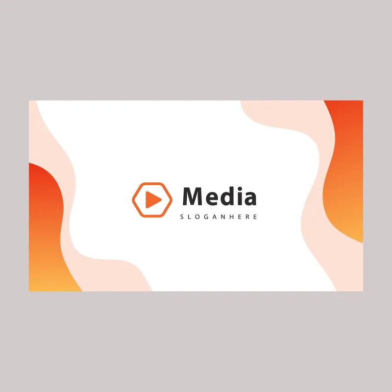 business card with orange and peach fluid waves framing the left and right sides, with the logo centered