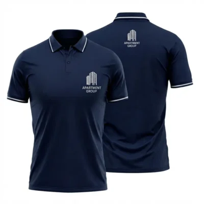 Front and back view of a navy blue corporate logo printed t-shirt showing the white logo placement on the chest and the upper back.