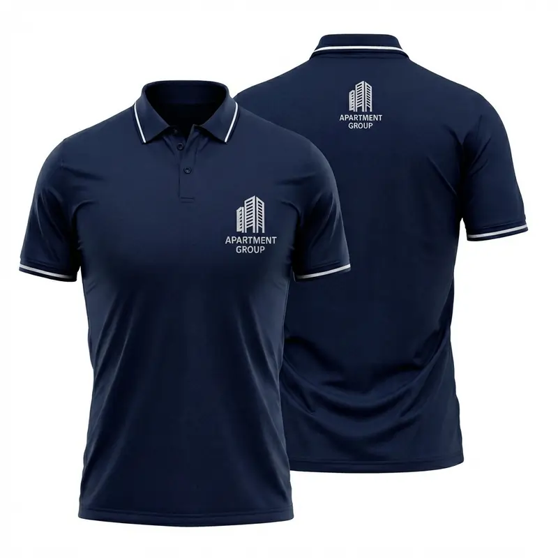 Front and back view of a navy blue corporate logo printed t-shirt showing the white logo placement on the chest and the upper back.