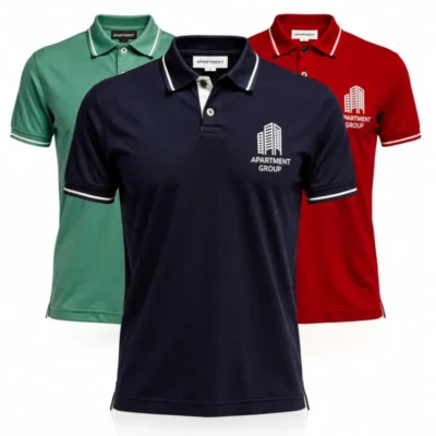 Three professional corporate logo printed t-shirts in green, navy blue and red displayed in an overlapping layout on a clean white background.