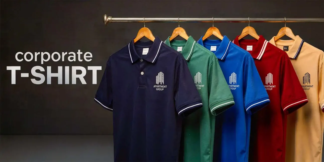 A row of five colorful corporate logo printed t-shirts in navy, green, royal blue, maroon and beige hanging on a clothing rack against a dark background.