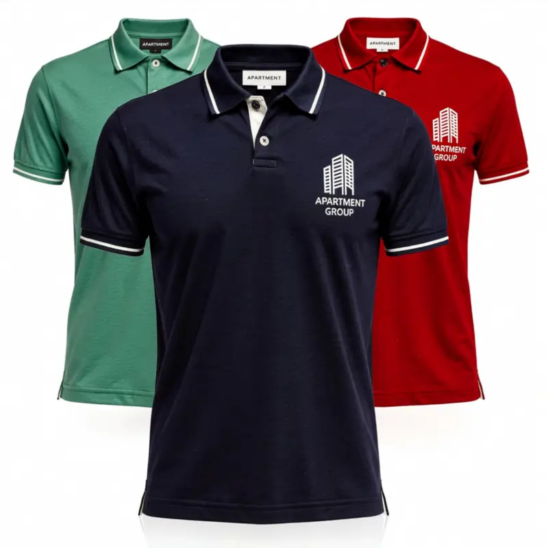 Three professional corporate logo printed t-shirts in green, navy blue and red displayed in an overlapping layout on a clean white background.