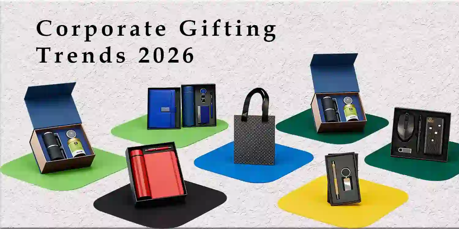 Corporate Gifting Trends 2026" banner featuring premium gift boxes with stationery and tech gadgets on colorful mats.