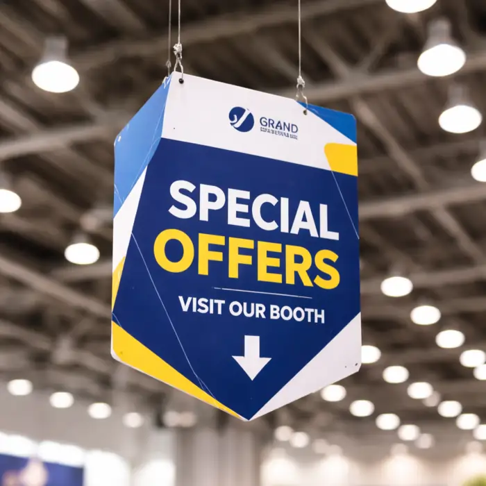 Event printing materials : a blue and yellow hanging dangler with "Special Offers" and "Visit Our Booth" text.