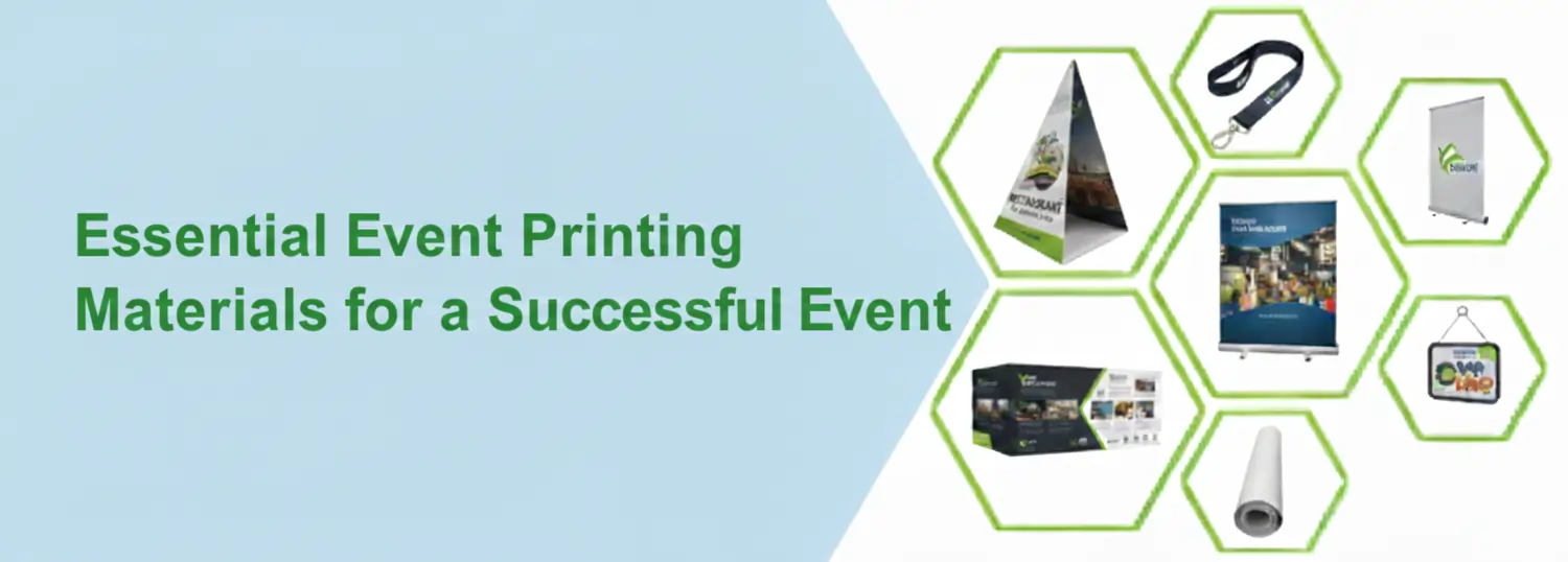 Essential event printing materials banner showing standees, lanyards, brochures, signage, and display items for successful events.