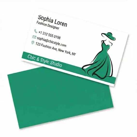 A fashion designer business card for Sophia Loren featuring a green dress illustration and a matching solid green card back