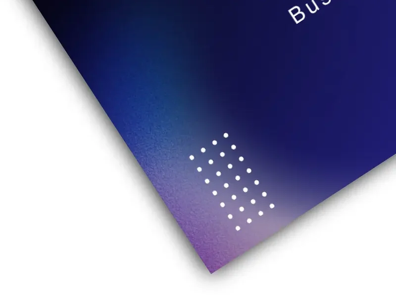 Glossy gradient business card corner in blue and purple with modern dotted pattern.