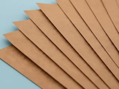Brown kraft sheets neatly stacked, showcasing eco-friendly textures and finishes among common types of paper for printing.