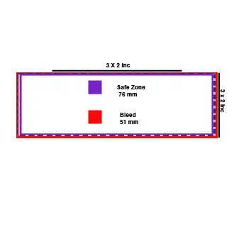 Printing template for a 3 x 2 inch business card size showing the 76mm safe zone and 51mm bleed requirements.