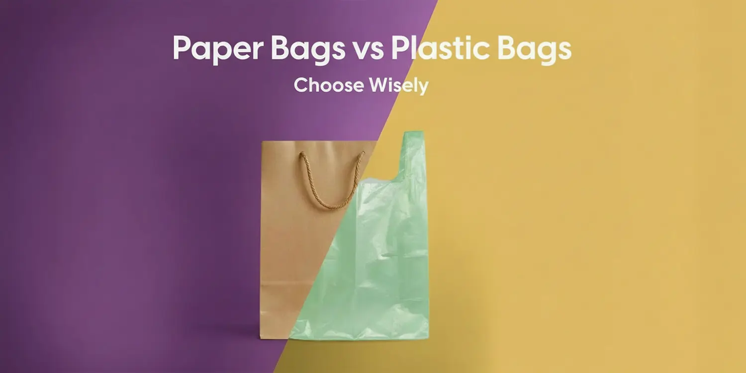 Graphic "Paper Bags vs Plastic Bags: Choose Wisely" with split images of a paper and plastic bag.