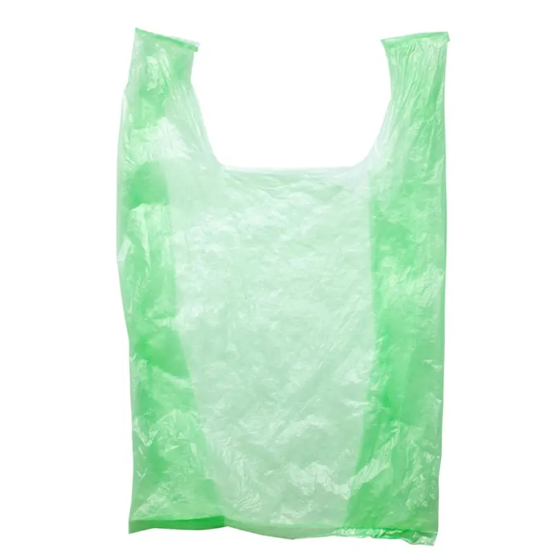 A light green plastic grocery bag with two handles, isolated on a white background.