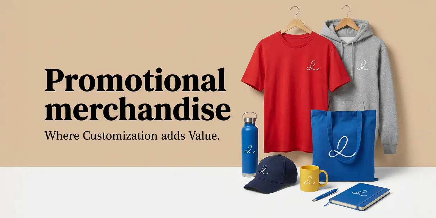Promotional merchandise banner with a red T-shirt, grey hoodie, blue tote, and water bottle. Text: "Where Customization adds Value."