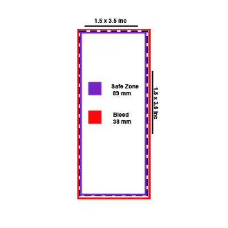 A vertical 1.5 x 3.5 inch business card size design guide illustrating the necessary bleed and safe zone margins.