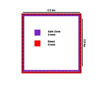 A technical diagram for a 2.5 x 2.5 inch square business card size layout, highlighting the purple safe zone and red bleed area.